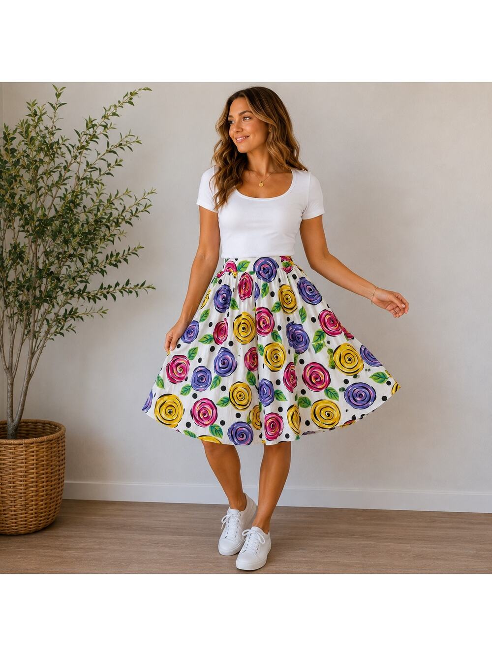 I.B. Diffusion Floral Midi Skirt 1991 Polka Dot Cotton Art Print Vintage Sz 18W